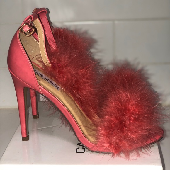 Coral pink/Dark peach Fur single sole heels - Picture 8 of 8